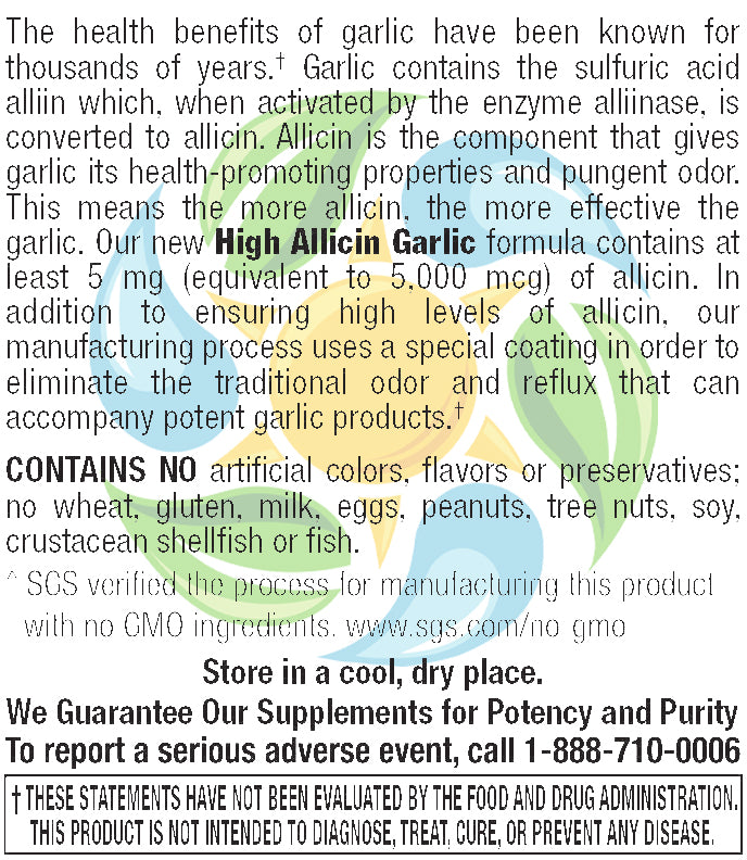 High Allicin Garlic 500 mg Odor Free Veg Tabs 60 Count