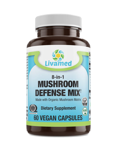 Livamed - Mushroom Defense Mix Veg Caps - 8 in 1 Blend Made with Organic Mushroom Complex 60 Count - Livamed Vitamins