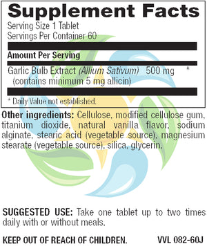 High Allicin Garlic 500 mg Odor Free Veg Tabs 60 Count