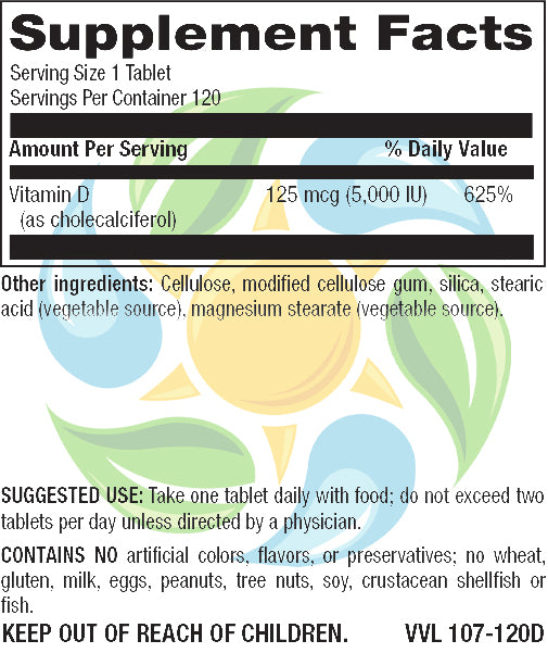 Vitamin D3 5,000 IU Veg Tabs  120 Count