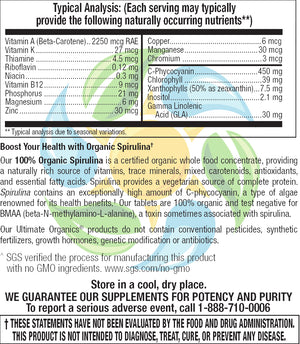 100% Organic Spirulina 500 mg Veg Tabs 250 Count