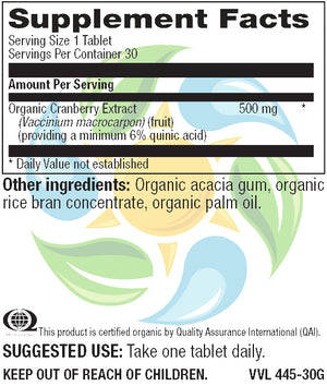 Organic Cranberry 500 mg Veg Tabs  30 Count