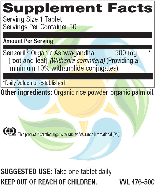 Organic Ashwagandha 500 mg Tab   50 Count