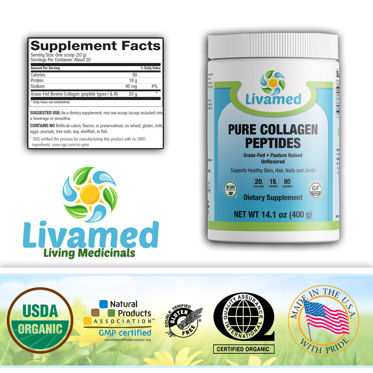 Pure Collagen Peptides- Grass Fed & Pasture Raised 14.1 oz Count