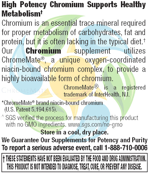Chromium Picolinate 200 mcg (ChromeMate® GTF) Veg Tabs 120 Count