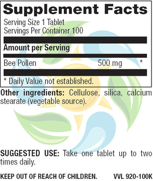 Natural Bee Pollen 500 mg Veg Tabs 100 Count